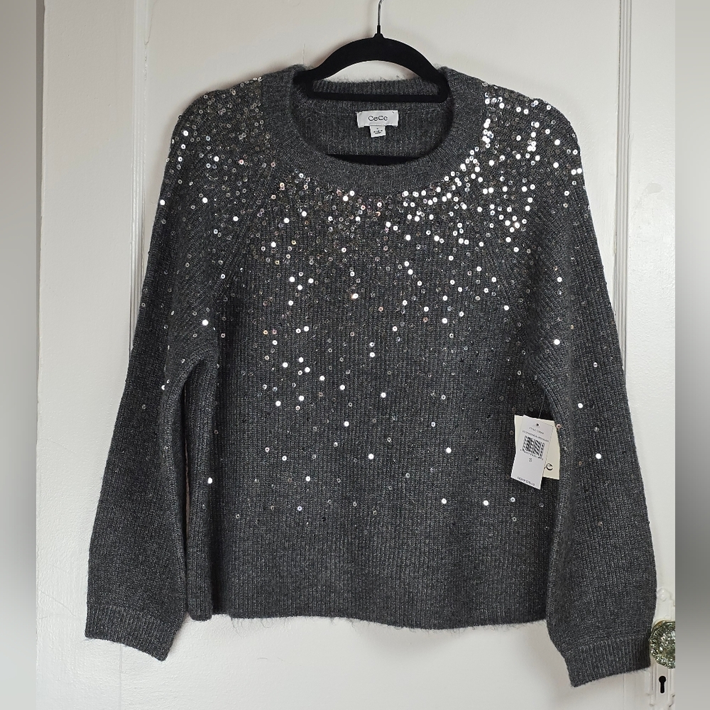 NWT CeCe Grey Sweater Silver Sequins Size S